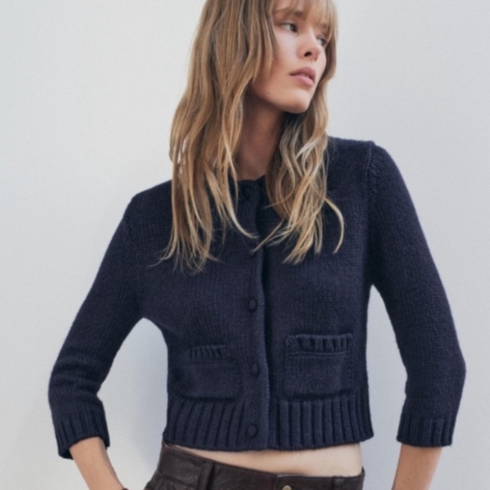 Zara Wool Blend Women's Navy Button Up Sweater/Cardigan Size XL